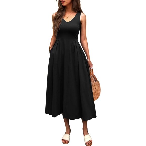 Women Summer Sleeveless Dress Pleated Waist Midi A-Line Flowy Sundress